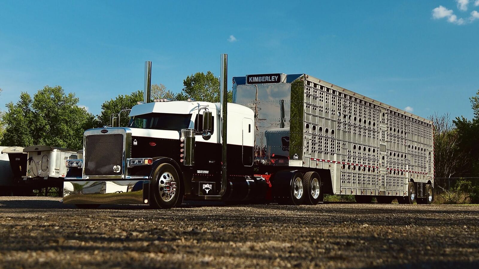 Kimberley Transport Peterbilt with a polished livestock trailer under a blue sky